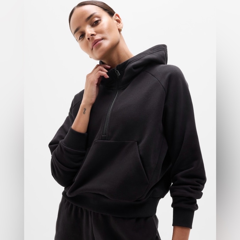 🏷️NWT ATHLETA Easy Fleece 1/2 Zip Hoodie Black Large Relaxed Fit Lounge NEW!